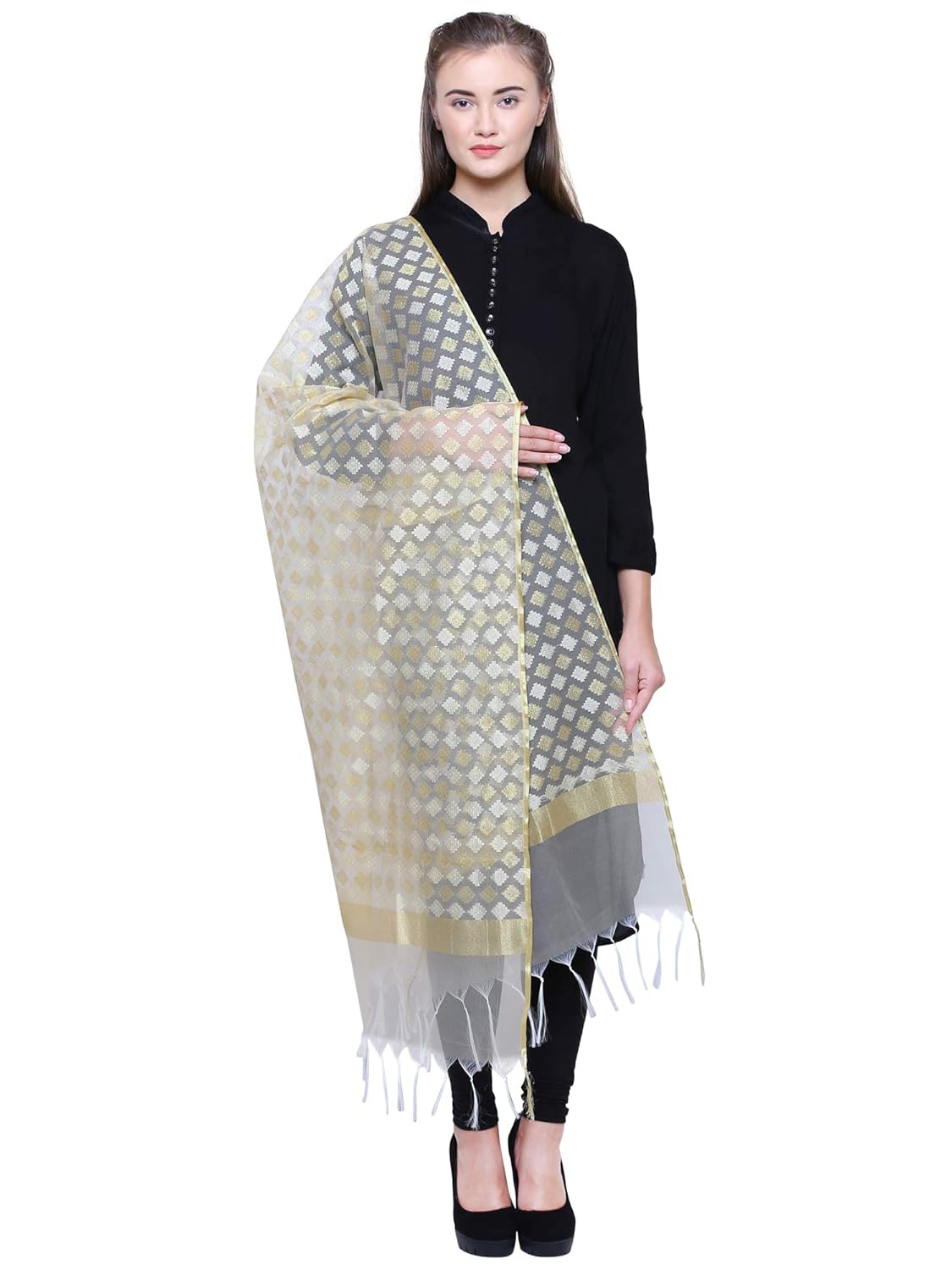loom legacy women dupatta organza net dupatta (as-206_golden_90x250 cms)