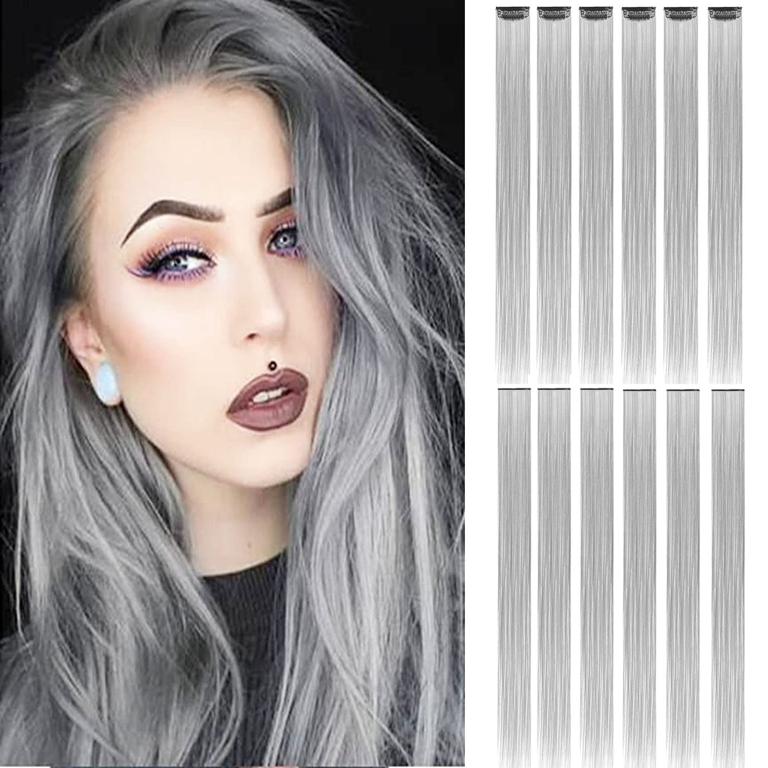 uoouoo 12 Pcs Colored Hair Extensions Colorful Clip in Hair Extensions 22 inch Synthetic Straight Hair Extensions for Kids Girls Women, 12pcs-Grey, 12.0 count — image 1
