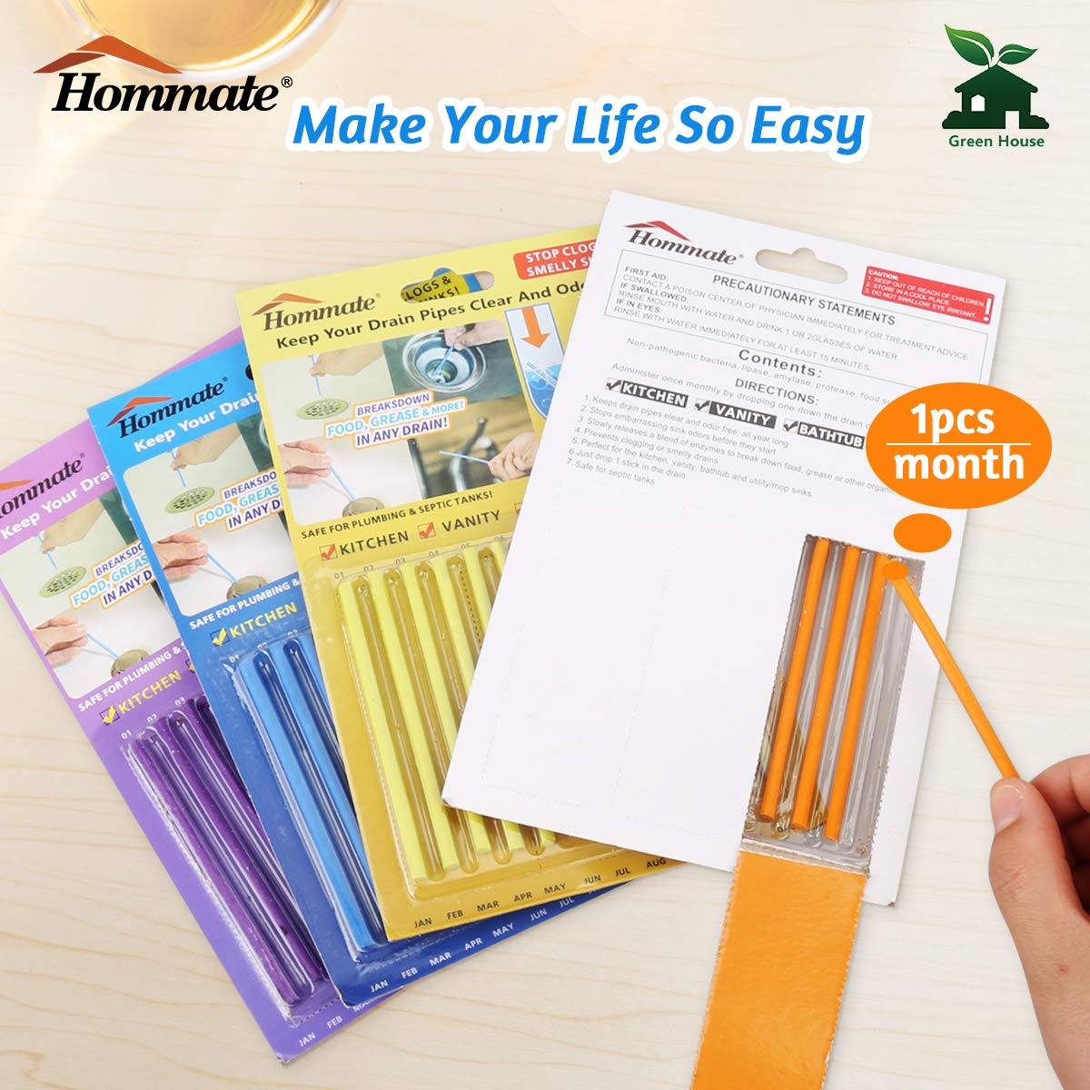 Drain Sticks Drain Stix Drain Cleaner & Deodorizer Sticks Drainstix for Clogs Kitchen Bathroom Sinks Unclog Eliminate Odor Septic Tank Safe As Seen On TV Non-Toxic 48pcs 4 Color