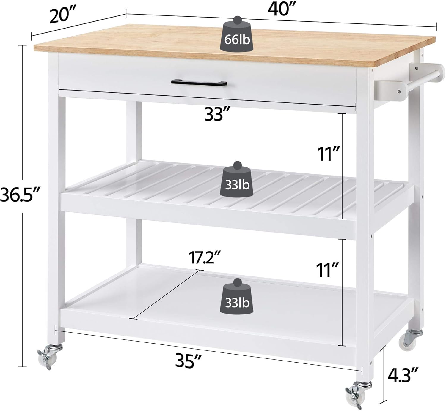 YAHEETECH Kitchen Island with Wheels, 3 Tier Rolling Kitchen Cart with 1 Drawer and 2 Spacious Storage Shelf Solid Wood Countertop, White - Kitchen Islands & Carts