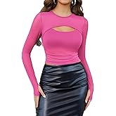 Avidlove Mesh Crop Top Long Sleeve Sheer Tops for Women Sexy Cutout Tee Blouse See Through Shirt Rose Red XL