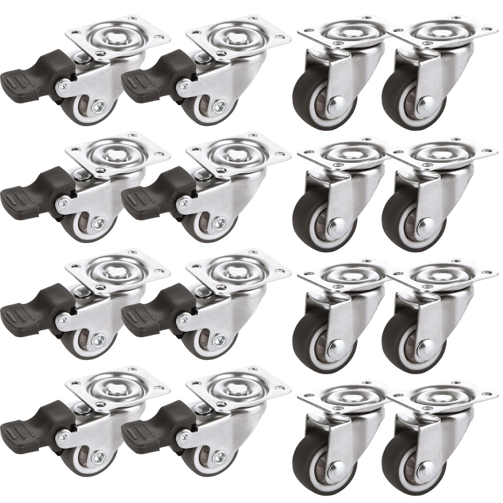 16 Pcs Caster Wheels Set, 25 mm Silent Castor Wheels Screw In, Included 8 Pcs Castors with Brakes, Silver Steel Casters for Furniture, Plant Stand, Cabinet, Trolley