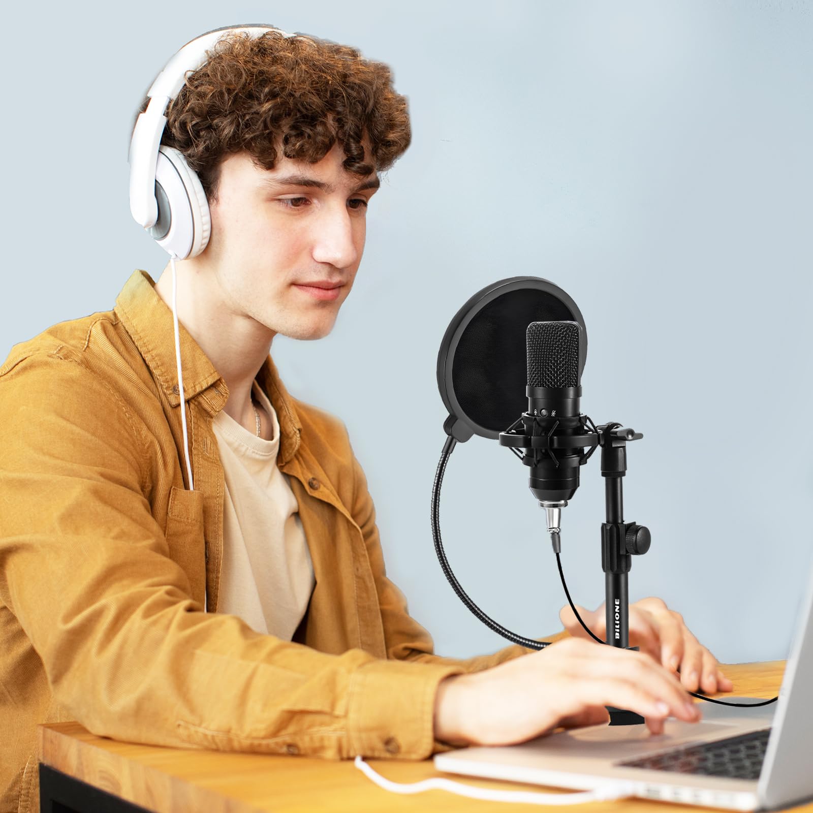 BILIONE Multifunctional Desktop Microphone Stand, Adjustable Mic Stand Desk with Pop Filter, Shock Mount, Microphone Clip, 5/8