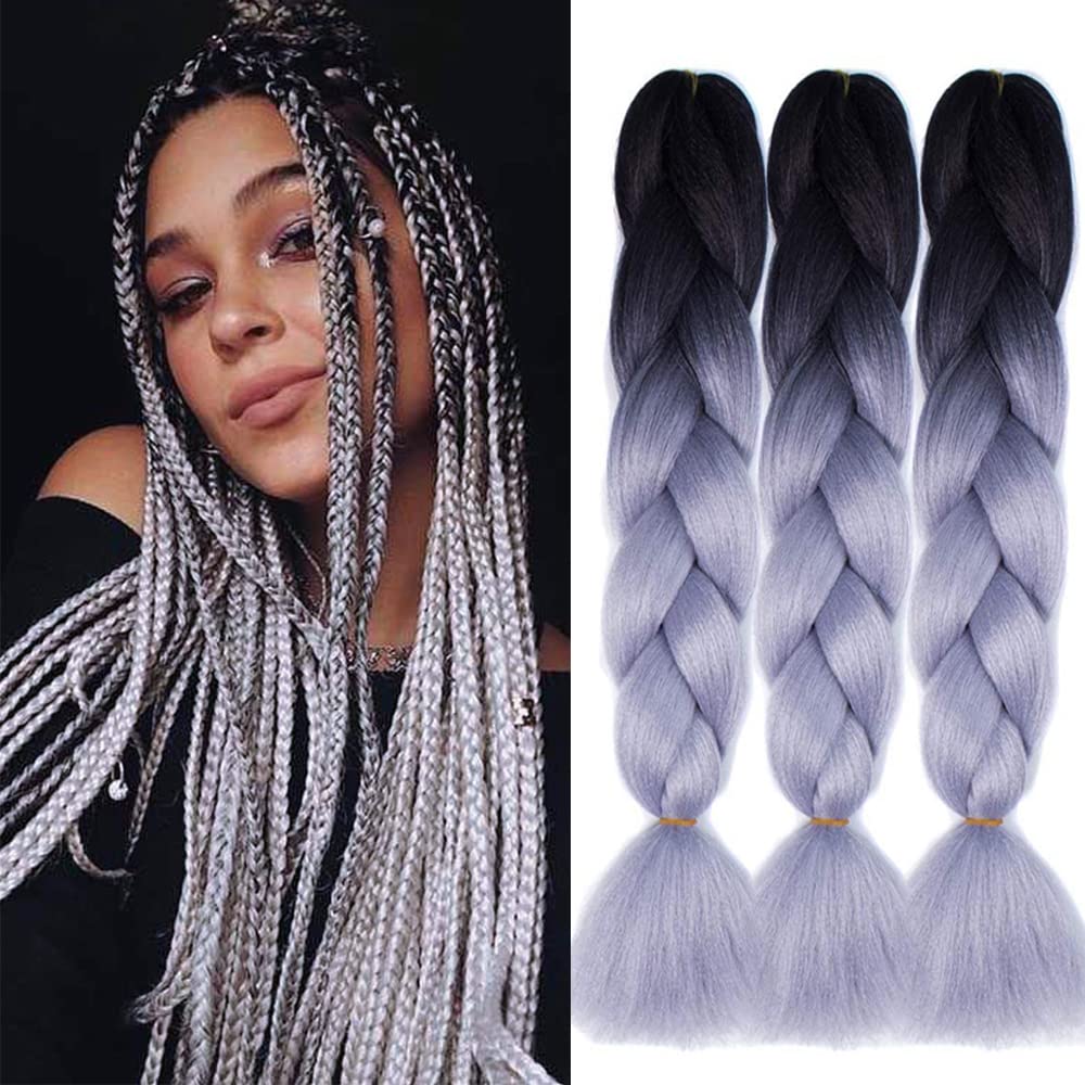 FANWYFYU Ombre Braiding Hair, 3Pack/Lot Ombre Braiding Hair Extensions High Temperature Synthetic 24inch Pre Stretched Braiding Hair (black -grey) — image 1