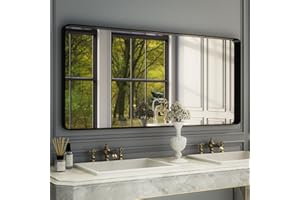 ISKM Large Black Matte Mirror for Bathroom 60" x 28" Round Corner Wall Mounted Mirror Modern Rectangle Metal Framed Bathroom Mirror for Wall Hangs Horizontal Or Vertical