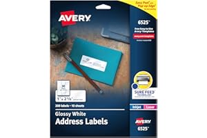 Avery Address Labels, Sure Feed and Easy Peel Technology, Glossy White Labels, 1" x 2-5/8", Permanent Adhesive, Laser/Inkjet, 300 Total (6525)