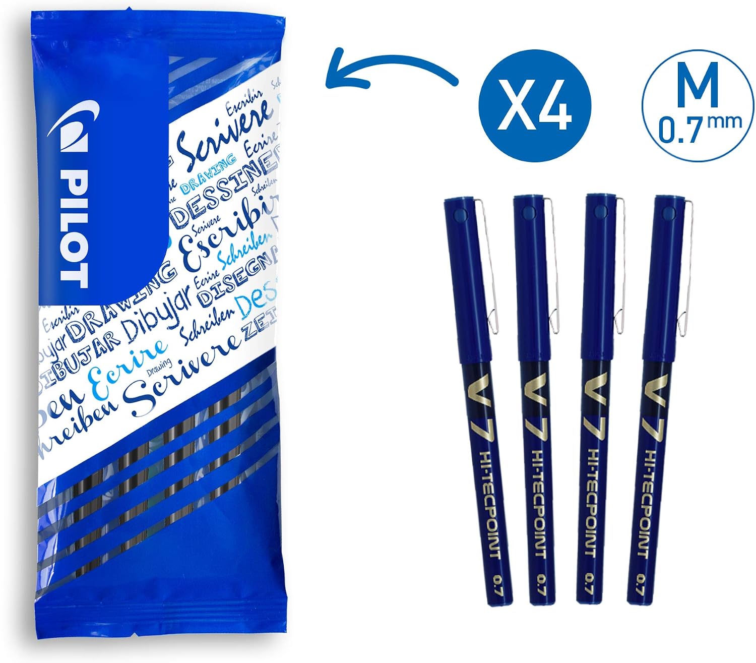 Stylos Roller Pilot V7 Hi-Tecpoint - Lot De 6 - Pointe Moyenne Encre Liquide Bleu - Rechargeables