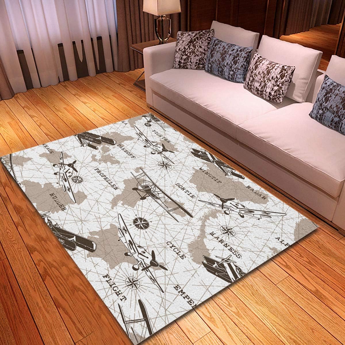 rouihot Non-Slip Area Rug 3'x 5' Pattern Planes Map Airplane Air Vintage Army Aircraft Aviation Rugs Carpet for Classroom Living Room Bedroom Dining Kindergarten Room