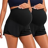 Coume 2 Pack Women's Maternity Shorts Over Belly Workout Yoga Athletic Running Quick Dry Pregnancy Summer Shorts with Pocket
