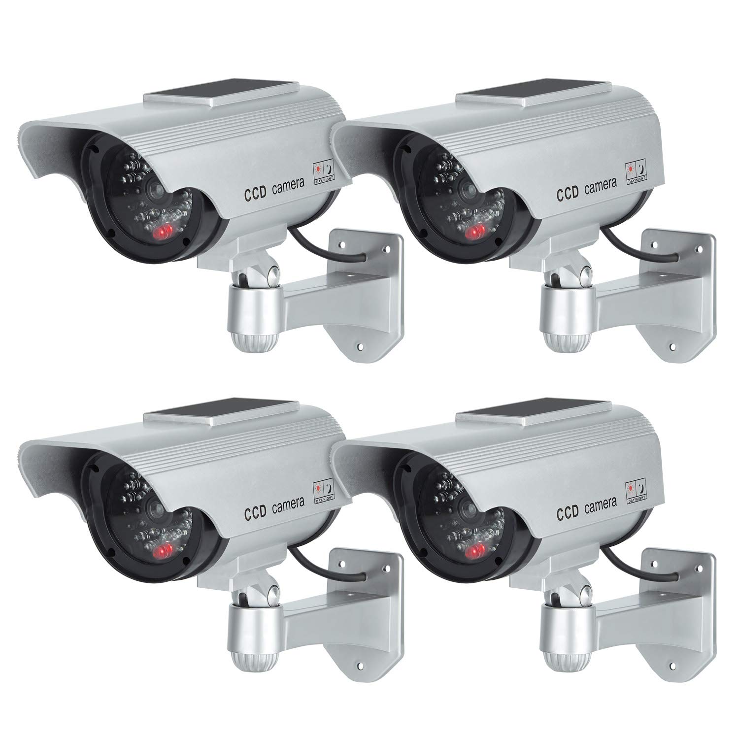 Hengu Fake Dummy Camera Home Security CCTV Solar Powered Surveillance Camera with Flashing LED Light, Outdoor Indoor Use, Bullet Shape Silver - 4 Pack