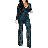 LightlyKiss Women Casual Sexy V Neck Sparkly Jumpsuits Long Sleeve Onesie Loose Pants Party Clubwear with Belt