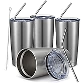COMOOO 20oz Stainless Steel Tumbler Bulk Double Wall Vacuum Coffee Cup Insulated Travel Mug with Lid and Straw Durable Powder Coated Insulated Coffee Cup for Cold & Hot Drinks (silver, 4 pack