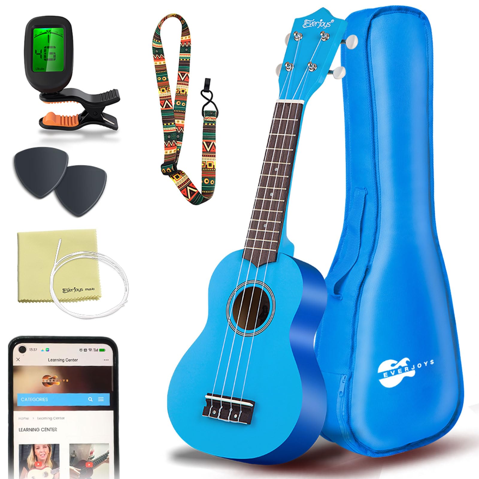 Everjoys Soprano Ukulele Beginner Kit 21 Inch Ukelele w/Free Online Lesson Carrying bag Digital Tuner Strings Picks, All in One Set (Blue)