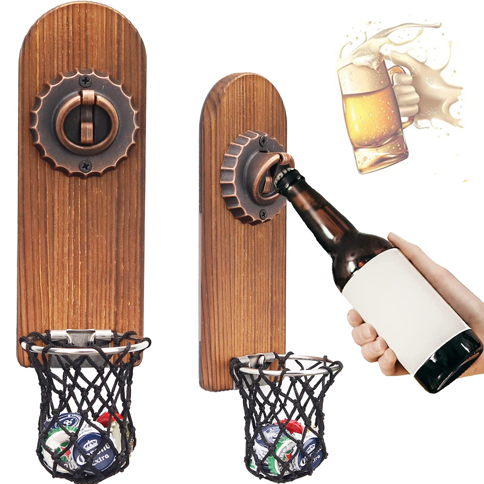 ZONSUSE Magnetic Wall Bottle Opener with Catcher, Personalized Wooden Beer Opener, Beer Gifts for Men, for Refrigerators, Home, Bar, Man Cave, Decoration(Bottle Cap)