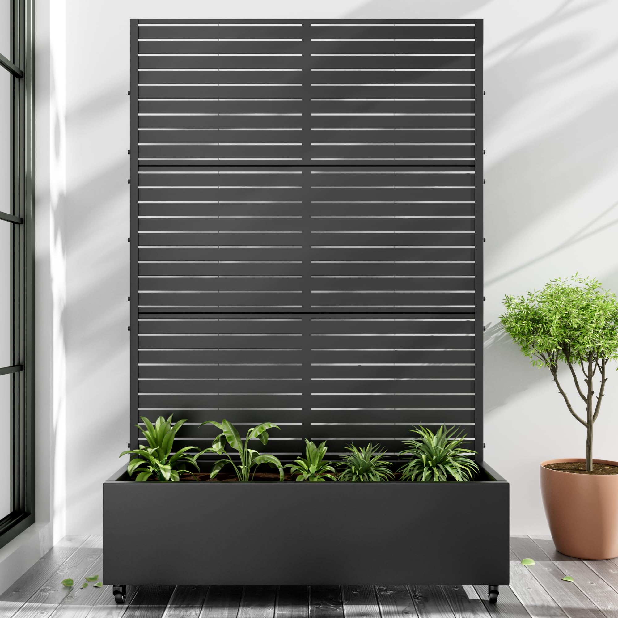 Photo 1 of **BENDS. SCRATCHES. DIRT**Casaphoria Metal Raised Garden Bed with Trellis and Wheels, 72"x47"x16" Planter Box for Climbing Plants, Vegetables & Vines, Features Drainage Holes and Privacy Screen (Black-Louvered)