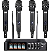 ZERFUN Rechargeable Wireless Microphone System 4 Channel Pro, UHF Handheld Cordless Mics with VOL Echo Treble BASS Control, LCD Display, Frequency Lock, XLR, 1/4, 1/8 Output, D-300, Black