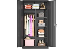 Greenvelly Metal Wardrobe Cabinet with Locking Doors, 72"H Black Metal Wardrobe Closet with Hanging Rods and Adjustable Shelves, Clothing Storage Closet for Home, Office, Employee, Gym (16" D x 32" W)