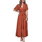 MASCOMODA Womens Summer Swiss Dot Maxi Dressses Wrap V Neck Flutter Short Sleeve Boho Casual Flowy Long Wedding Guest Dress