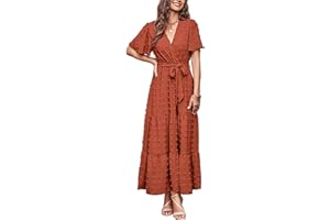 MASCOMODA Womens Summer Swiss Dot Maxi Dressses Wrap V Neck Flutter Short Sleeve Boho Casual Flowy Long Wedding Guest Dress