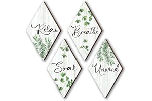 DONFENTHY 4 Pcs Green Wall Decor Farmhouse Bathroom Decors Relax Soak Unwind Breathe Wooden Sign Green Hanging Wall Art Green Accessories for Bedroom Living Room Office Vintage Decorations(Green Leaves 12x7")