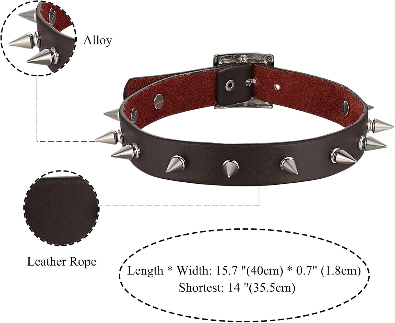 Cupimatch Gothic Rivets Adjustable Leather Necklace Choker Brown Punk Rock Alloy Awl Taper Collar Belt for Women Men - Image 4