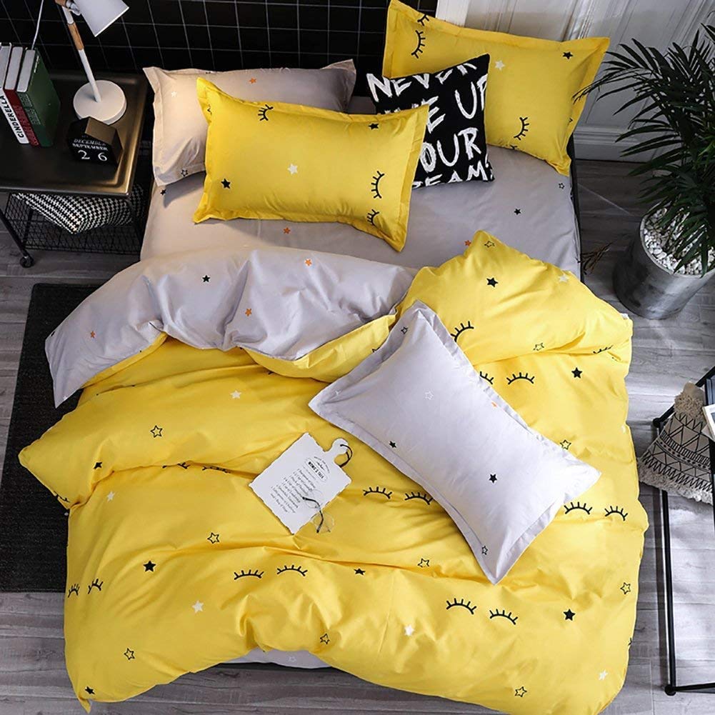 Kids Duvet Cover Set Cute Cartoon Eyelash Curved Stars Reversible Bedding Set for Girls Boys, Decorative Yellow Grey Microfiber Bedding &Linen with 1 Pillow Shams, Zipper, 3Pieces King Bed Cover