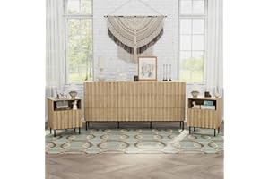 UEV 3 Piece Dresser and Nightstand Sets for Bedroom, 59" Long 9 Drawer Dresser & Nightstand Set of 2, Mid-Century Modern Fluted Wood Dressers Set, Bedroom Furniture Set (Ivory White)