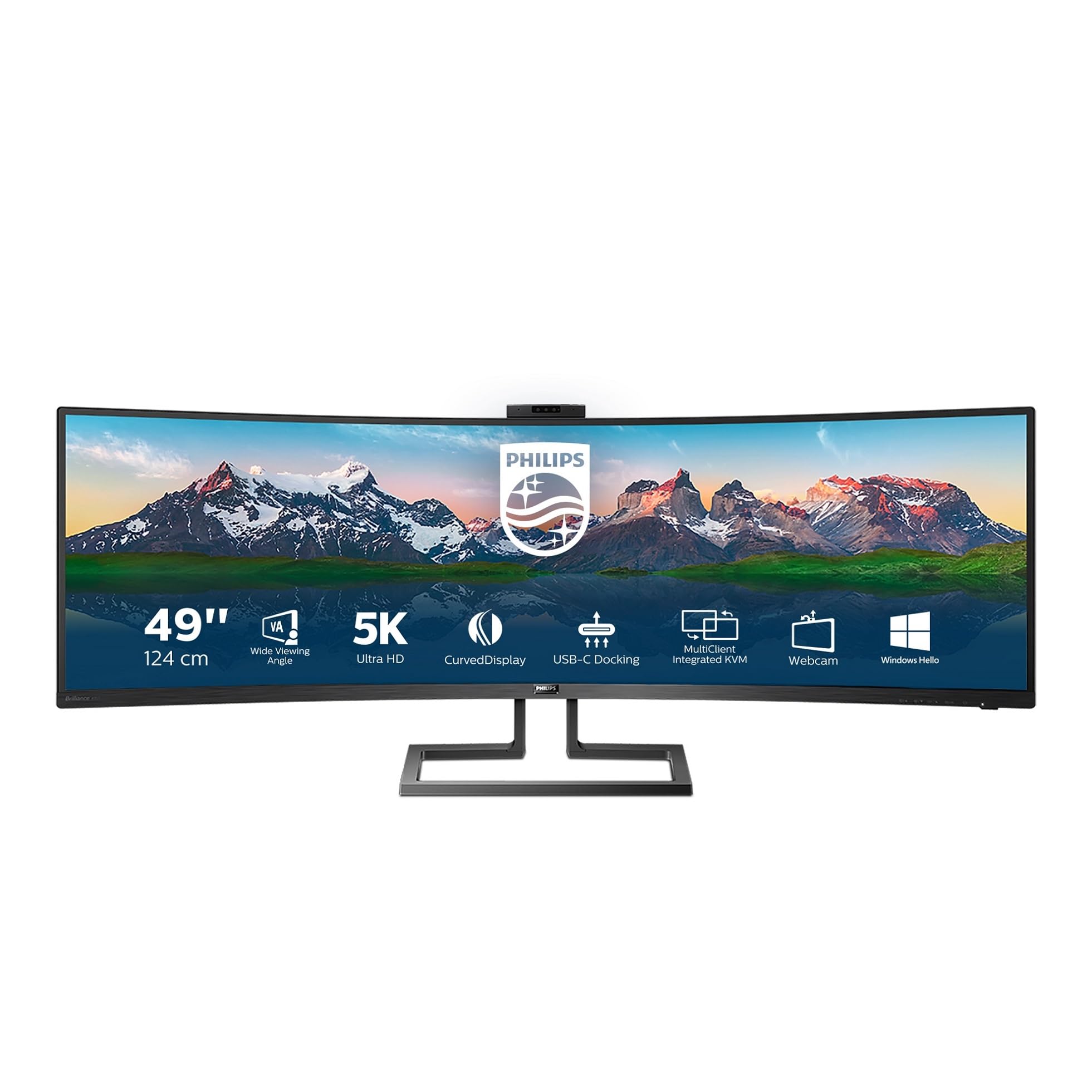Philips 499P9H- 49 Inch Curved Dual QHD Monitor, 70Hz, 5ms, VA, WebCam, Speakers, USB-C Dock, KVM, Height Adjust (5120 x 1440, 450 cd/m², HDMI/DP 1.4/USB 3.1 / USB-C)