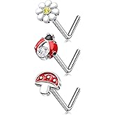 Meiighting 3Pcs Mushroom Nose Rings 20G Ladybug Nose Studs Surgical Steel 316L Flower Nose Piercing Jewelry L Shaped For Women 8mm Spring Piercing Jewerly