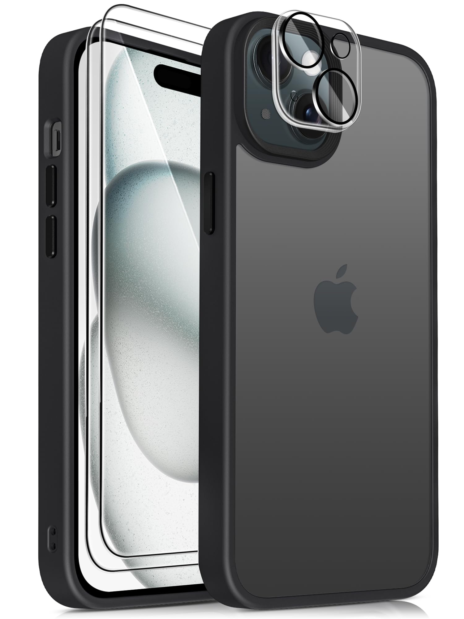Mootobo Designed for iPhone 15 case, 4 in 1 Phone case with 2*Screen Protector + 1*Lens Protector, 10FT Military Grade Drop Protection Case with Anti-Fingerprint Matte Back 6.1 inch - Black — image 1