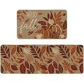 Artoid Mode Vintage Pumpkin Fall Kitchen Mats Set of 2-17x29+17x47 | Maple Leaves Autumn Home Decor Low-Profile Kitchen Rugs for Floor