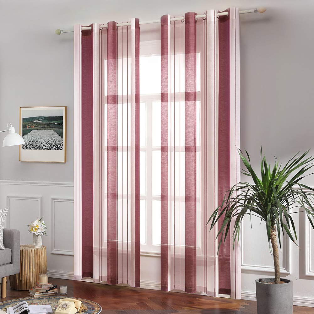 MIULEE Voile Classic Striped Curtain Translucent Modern Light Filtering Transparent Eyelet Top Window Curtain for Bedroom Living Room 2 Panels 55" Wx96 L 140x245cm Wine Red