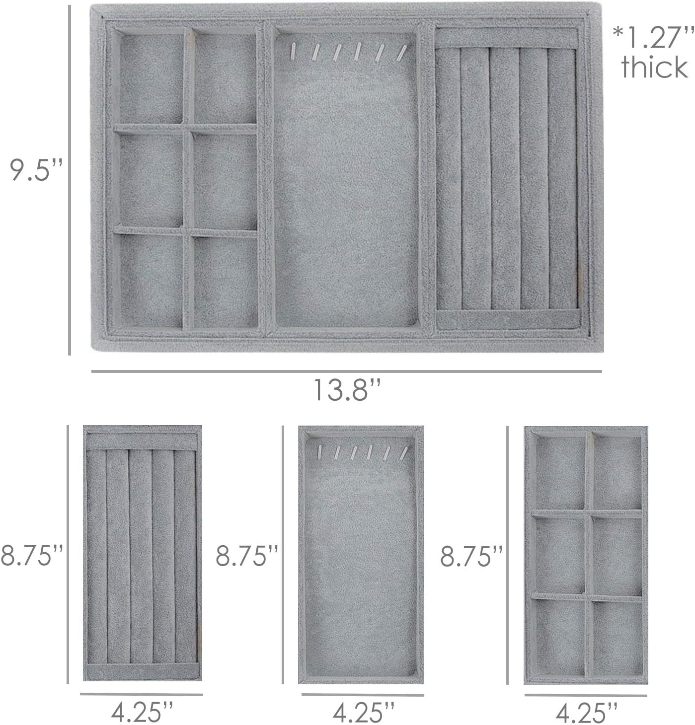 Houseables Jewelry Tray Organizer, Stackable Accessories Storage, 13.8"W x 9.5"D, 4 Pieces, Gray, Felt Earring Box, Drawer Insert, Velvet Ring Holder, Bracelet & Necklace Display, Cufflink Case: Home Improvement