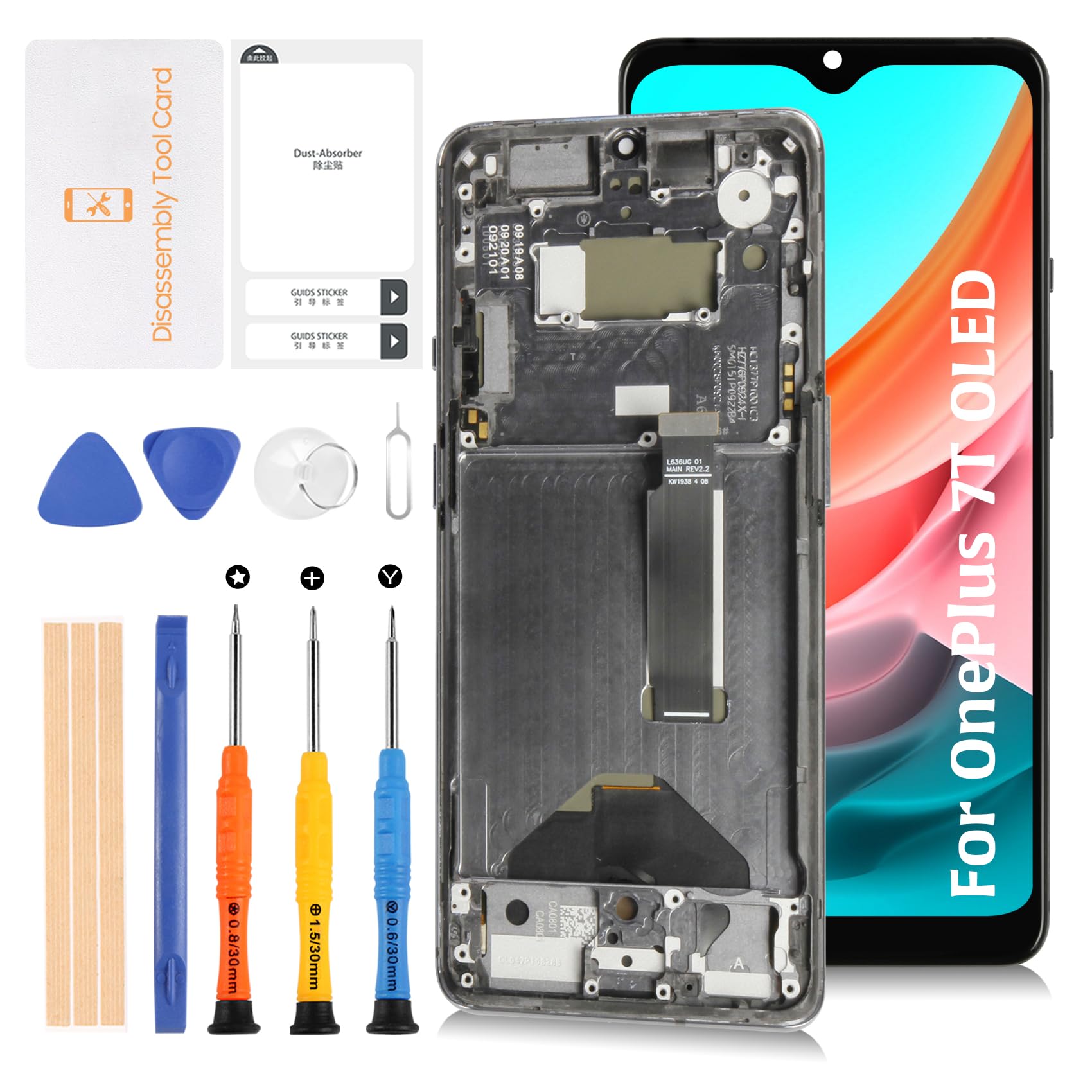 Photo 1 of Olivechard for OnePlus 7T 2019 1+7T 6.55inch OLED LCD Screen +Frosted Silver Frame Display Replacement Touch Digitizer Assembly Kit