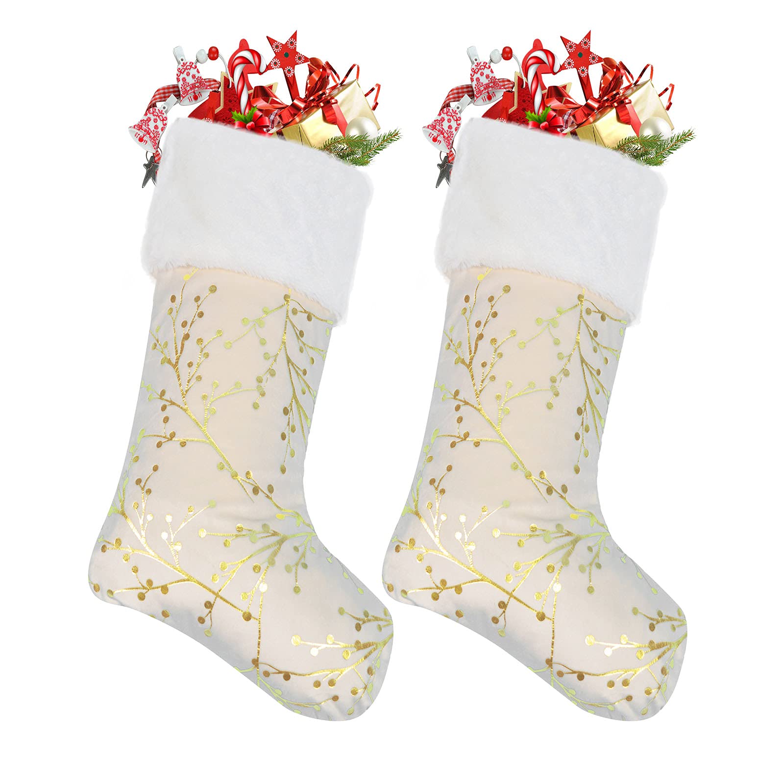 Deggodech 2Pcs Champagne Christmas Stockings with White Faux Fur Edges Large 18inch Christmas Fireplace Hanging Stocking for Xmas Home Decoration Stockings (46cm, Champagne)