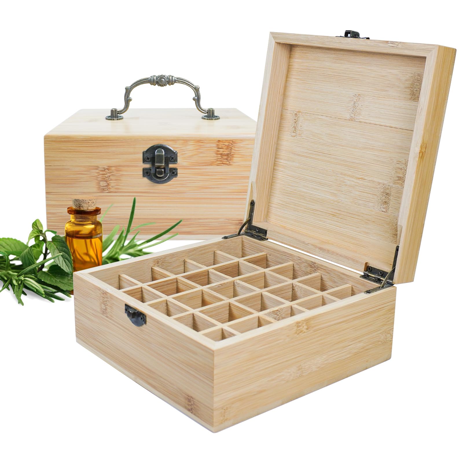 RoseFlower Bamboo Essential Oil Storage Box Home Fragrance Carrier Case, Holds 25 Bottles for 5, 10, 15ml - Aromatherapy Organizer Nail Polish Fragrance Container - Keep Your Oils Safe & Space Saver