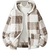SweatyRocks Girl's Plaid Fuzzy Zip Up Hooded Jackets Casual Color Block Long Sleeve Jacket Outwear