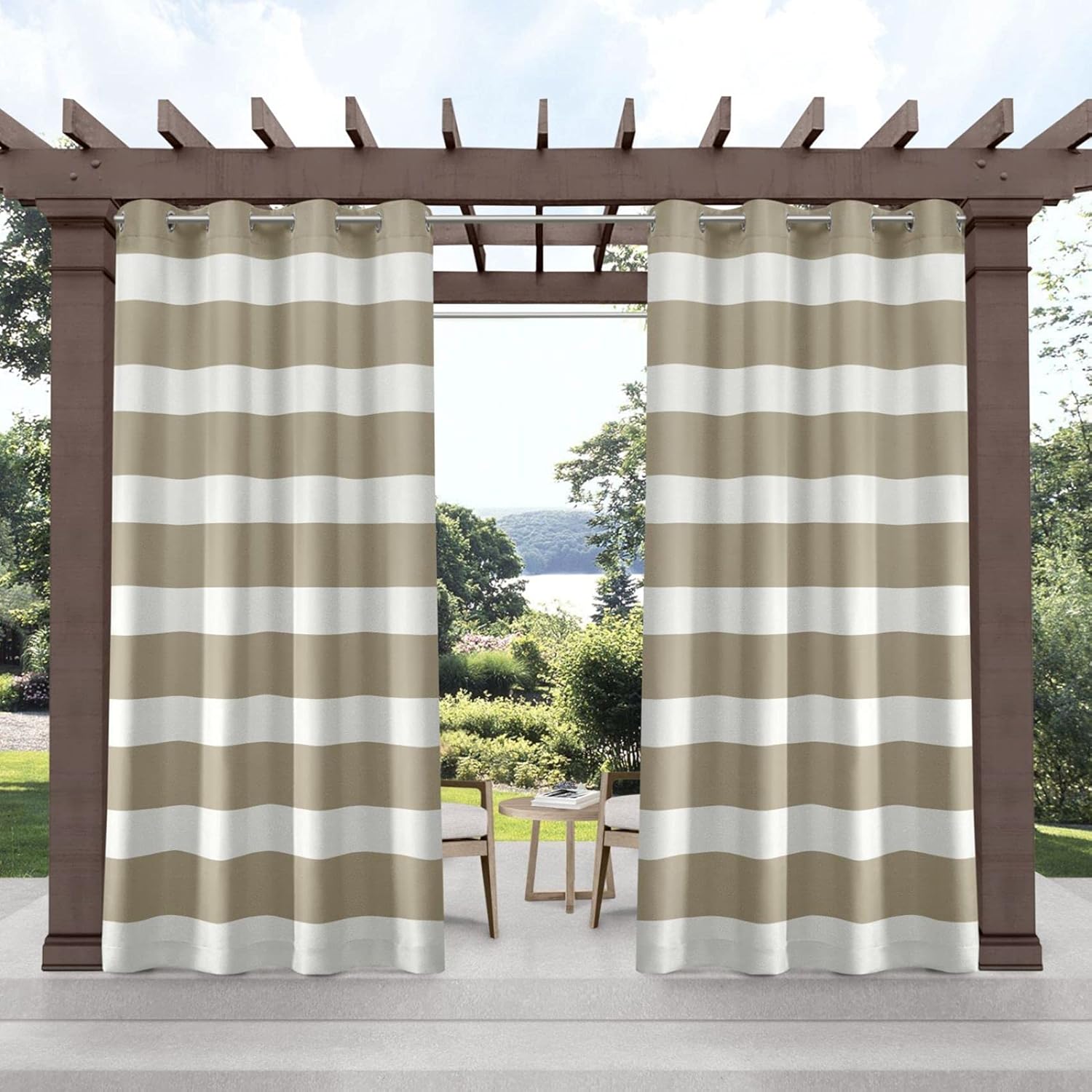 Outdoor Curtains - Exclusive Home Cabana Stripe Indoor/Outdoor Light Filtering Grommet Top Curtain Panel, 54