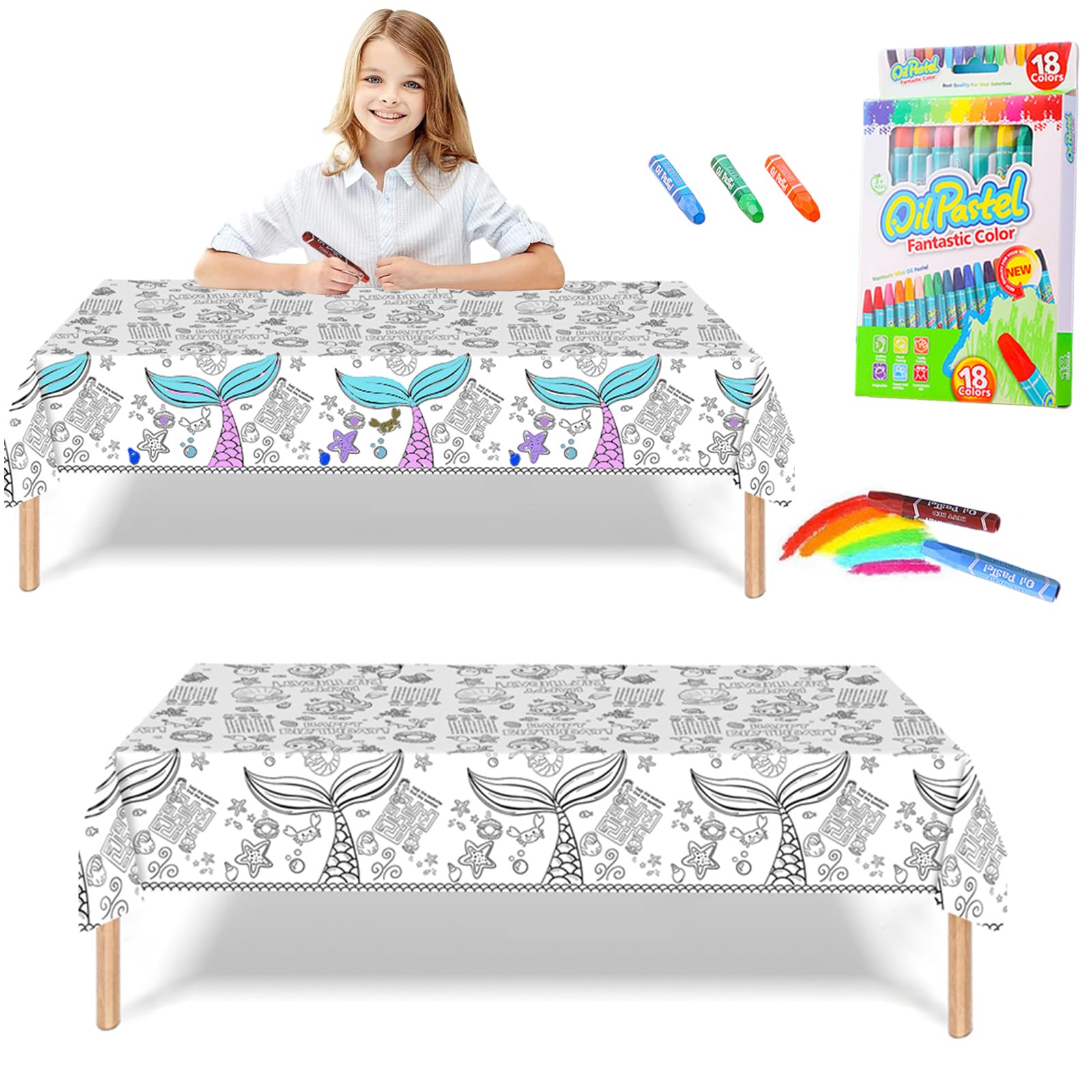 Giant Colouring Poster Table cloth for Kids,47x71inch Mermaid Colouring Posters with 18 Paint Pens Coloring Educational Poster Drawing Paper Table Cover Wall Doodle Art for Boys Girls Birthday Gift β image 1