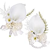 PartyforU White Boutonniere and Corsage Set for Wedding - 2 Pcs Artificial Flowers Wrist Corsages and Boutonnieres for Groom Bride Prom, Boutonniere and Corsage Bracelet for Anniversary Celebration