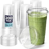 Fit Meal Prep 200 Pack 24 oz Clear Plastic Cups with Strawless Sip Lids, Disposable Plastic Coffee Cups with Lids, To Go Cups for Iced Coffee, Smoothies, Soda, Party Drinks, Bubble Tea, Cold Beverage