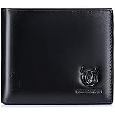 BULLCAPTAIN RFID Wallets for Men Slim Bifold Genuine Leather Front Pocket Wallet with 2 ID Windows QB-05 (Black)