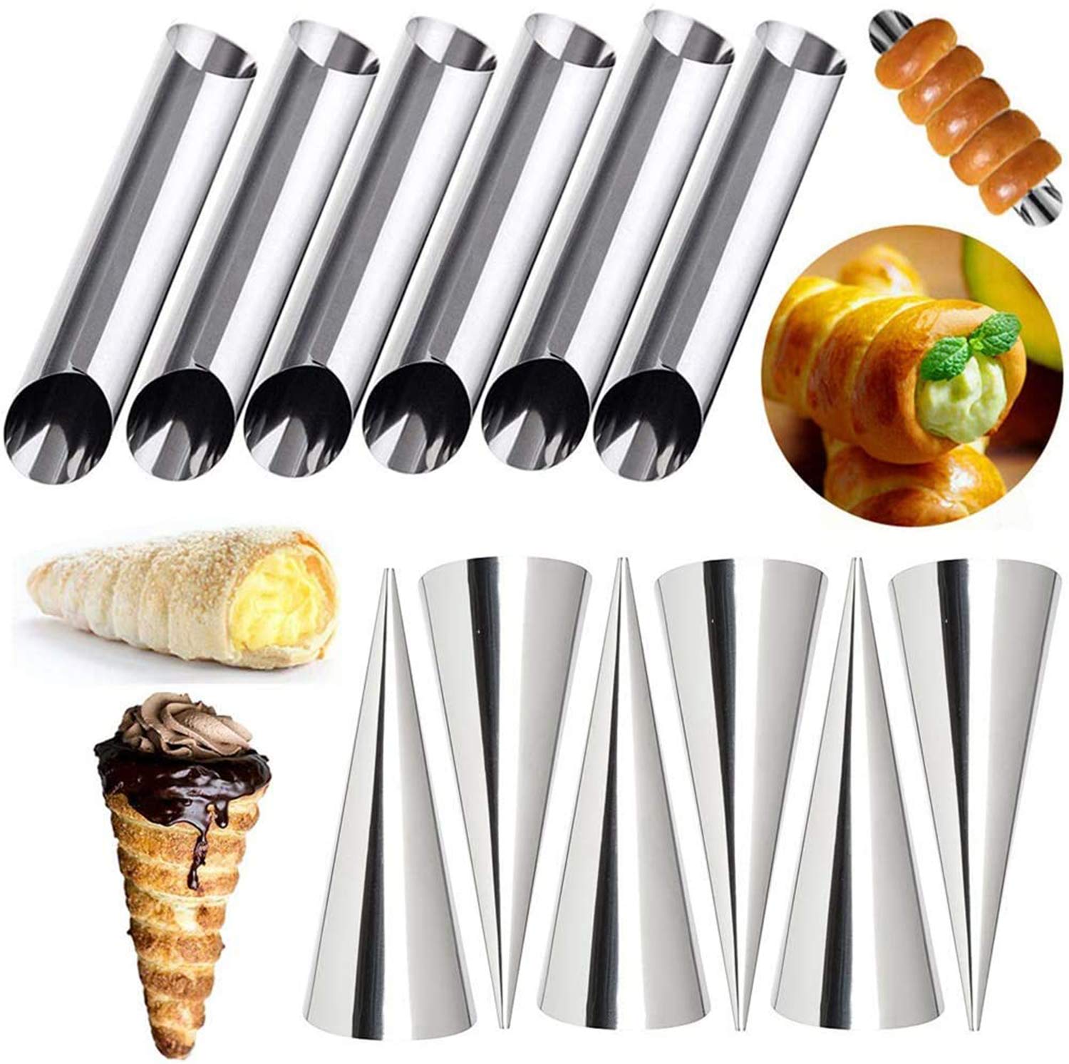 TALITARE 12 Pieces Cream Horn Molds, Stainless Steel Cone Shaped and Tubular Shaped Mold for Cannoli Tubes Ice Cream Lady Lock Puff Waffle Pastry Roll Horn Croissant Shell Cream Roll