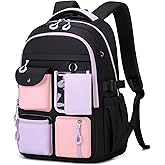 QIXIHU Kids Backpack, Backpack for Girls for Elementary School Multiple Pockets Ages 6-10(Black)