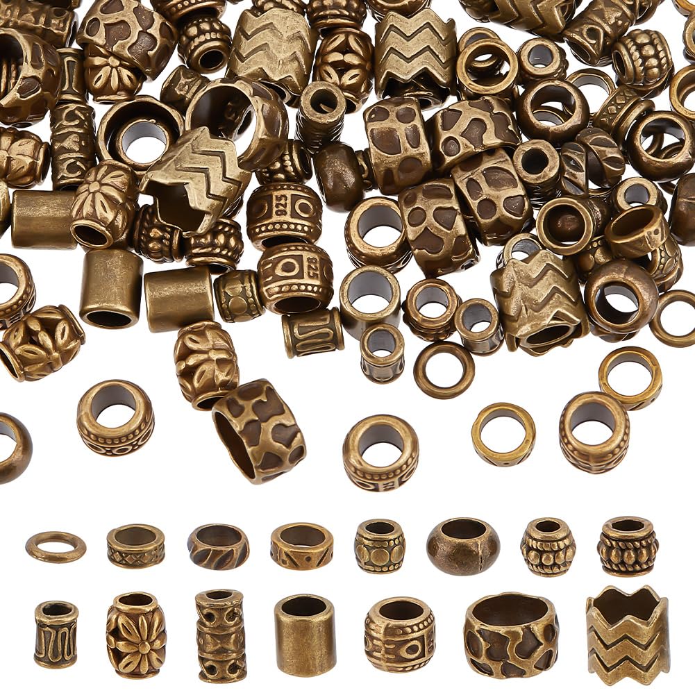NBEADS 150 Pcs Alloy Spacer and Dreadlock Hair Beads - 15 Styles Antique Bronze 4-10mm Large Hole for Braids and Decoration
