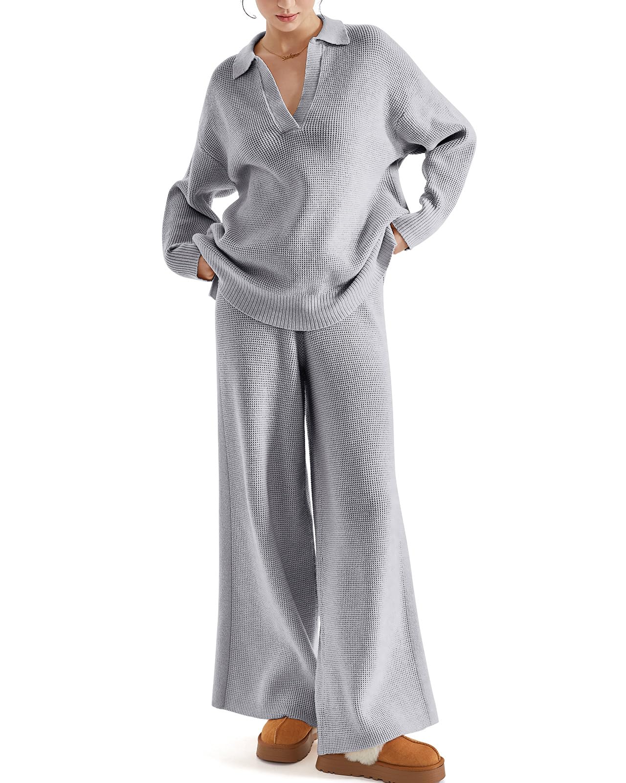 SUUKSESS Women 2 piece Fall outfits Long Sleeve Oversized Matching Lounge Set Waffle Knit Polo Sweater sets (Grey,M)