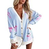 Saodimallsu Womens Oversized Cardigan Sweaters Bow Printed Button V Neck Long Sleeve Loose Knit Fall Trendy Coats