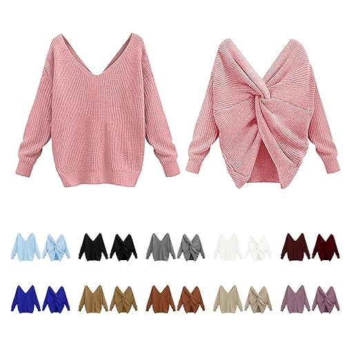 Ladies Sweaters Lightweight Soft Essentials Printed Jumpers Trendy Long Sleeve V Neck Tops Stretch Curved Hem Warm Loose Fit Pullover Pretty Knitted Open Back Pullovers Autumn Winter