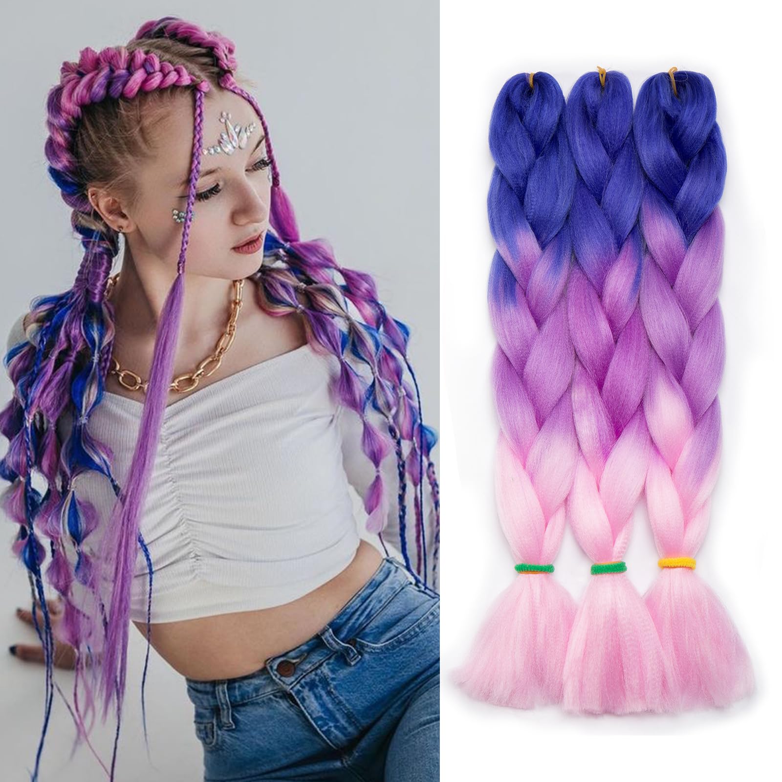 Silk-co 3 Pieces Braiding Hair Ombre Afro Twist Braid Hair Extensions Crochet Box Synthetic Jumbo Braids 24" [300g; Dark Blue-Light Purple-Pink] — image 1