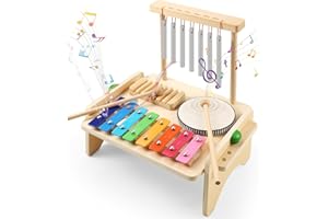 BCY HOHIPI Kids Drum Set,Baby Musical Instrument for Toddler,Wooden Xylophone for Toddlers with Baby Drum Set and Wind Chime,Montessori Musical Instruments Toys for Kids,Musical Toys for Toddlers Birthday Gift
